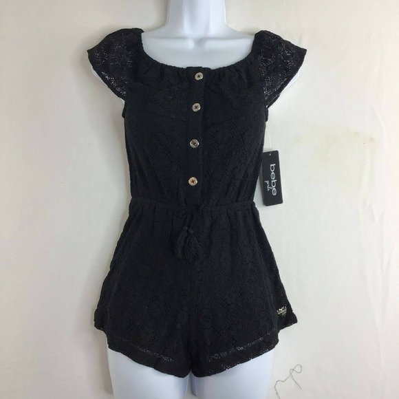 Bebe Womens Lace Romper Black Mesh Neckline Shorts Sleeveless Scalloped Hem Sz S - Picture 1 of 11